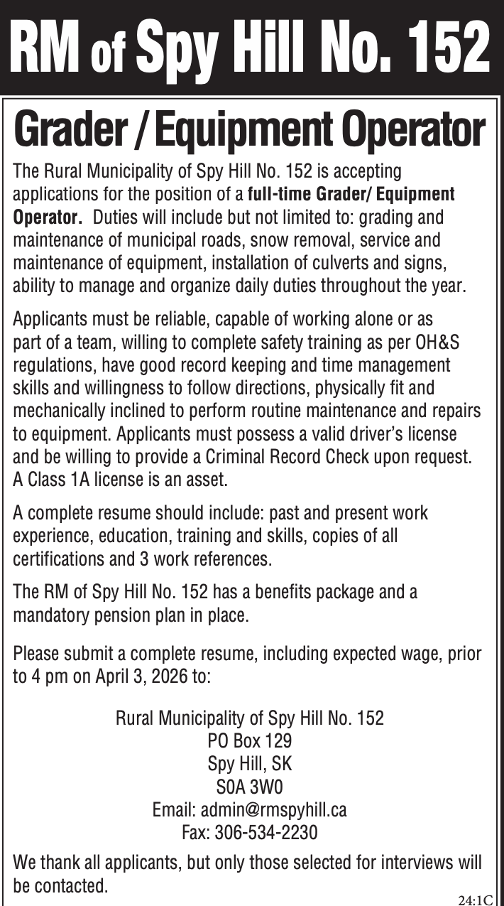 RM of Spy Hill - Equipment Operator 